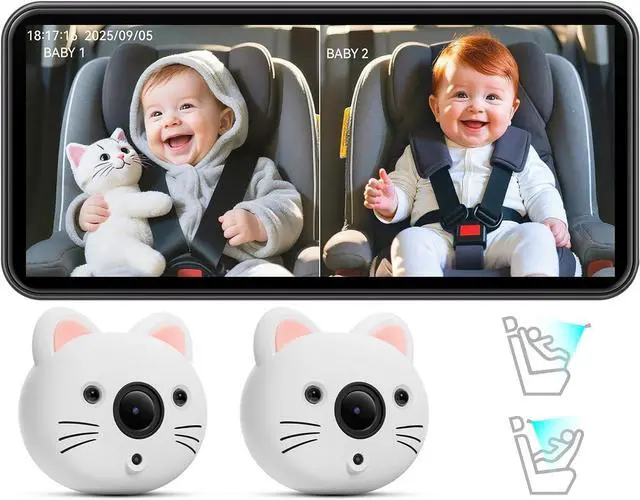 Main image of Baby Car Camera for 2 Kids  6.9 IPS Split-Screen Monitor with Dual 1080P HD Rear-Facing Car Seat Cameras, Cute Replaceable Cat Covers, Night Vision, Type-C Power, Easy Install for Twins or Siblings