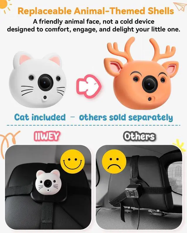 Alt view image 4 of 7 - Baby Car Camera for 2 Kids  6.9 IPS Split-Screen Monitor with Dual 1080P HD Rear-Facing Car Seat Cameras, Cute Replaceable Cat Covers, Night Vision, Type-C Power, Easy Install for Twins or Siblings