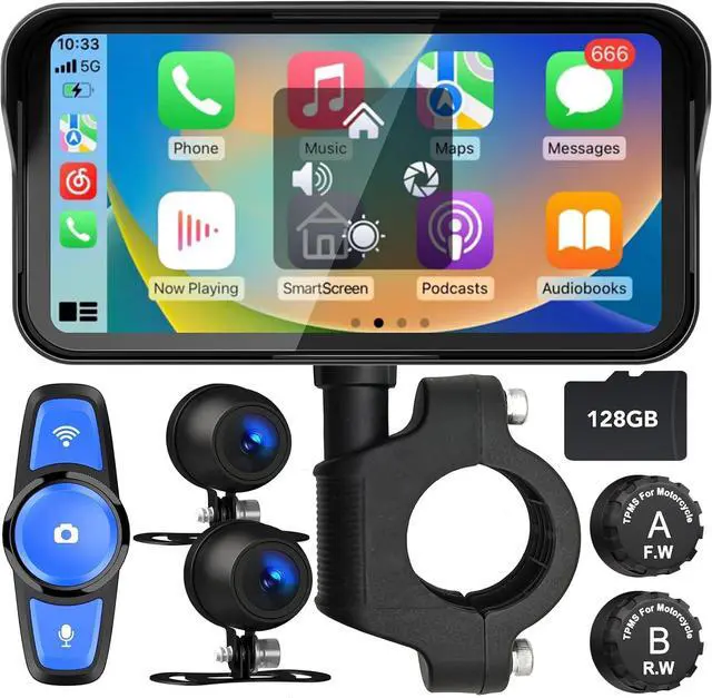 Main image of Motorcycle Dash Cam, Motorcycle Apple Carplay & Android Auto GPS Navigation for Motorbike, 6.25" IPS Waterproof Touchscreen, Dual HD 1080P Cameras, Motos TPMS, Support BT, Siri, SD-128GB