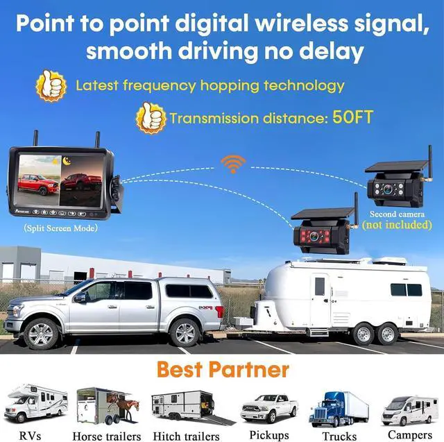 Alt view image 3 of 7 - RV Backup Camera with Solar Magnetic: Long Distance No Signal Delay, 7 Inch Touch Key Monitor with Recording, HD 1080P Wireless Backup Camera for Trailer, 5th Wheel, Camper
