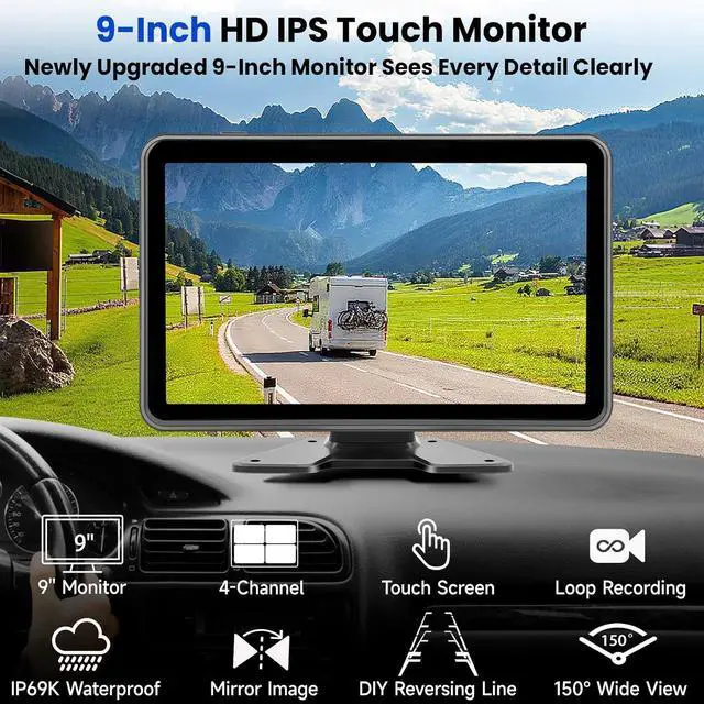 Alt view image 2 of 7 - RV Backup Camera System Wired for Truck, 4 Channel 9-Inch Full Touch IPS Quad Split Monitor, with 1080P DVR Recording Waterproof IR Night Vision Rear View Cameras for Truck, Trailer, RV, Van, Pickup
