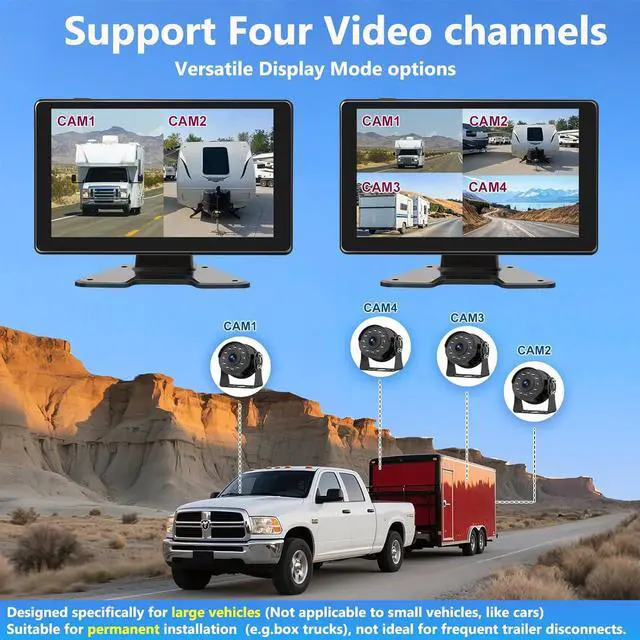 Alt view image 4 of 7 - RV Backup Camera System Wired for Truck, 4 Channel 9-Inch Full Touch IPS Quad Split Monitor, with 1080P DVR Recording Waterproof IR Night Vision Rear View Cameras for Truck, Trailer, RV, Van, Pickup
