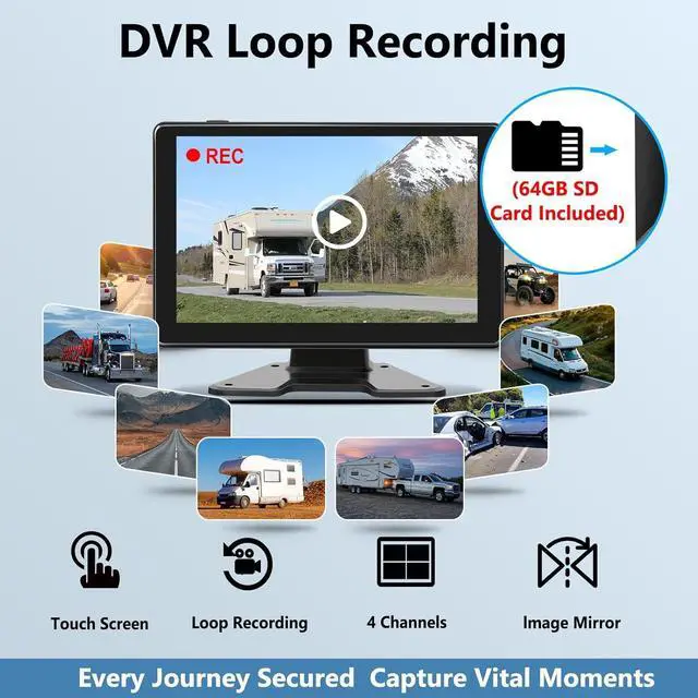 Alt view image 5 of 7 - RV Backup Camera System Wired for Truck, 4 Channel 9-Inch Full Touch IPS Quad Split Monitor, with 1080P DVR Recording Waterproof IR Night Vision Rear View Cameras for Truck, Trailer, RV, Van, Pickup