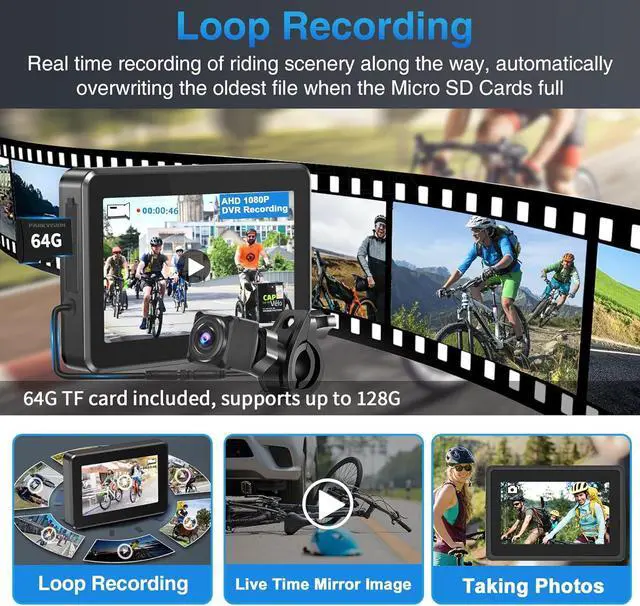 Alt view image 2 of 7 - PARKVISION Bicycle Rear View Camera Recorder, 1080P Handlebar Bike Camera with 4.3'' HD Monitor, 64GB TF Card, 110° Angle View, Night Vision, Backup/Front View Camera for Mountains,Ebikes