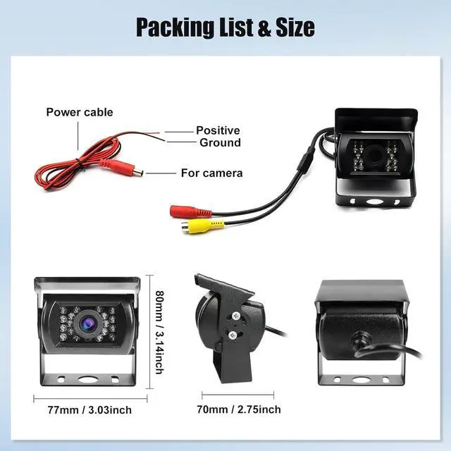 Alt view image 6 of 6 - Camecho Truck Backup Camera Heavy Duty 18 LED IR Night Vision Waterproof Vehicle Rear View Camera 12 V 24V Backup Camera Without Guide Line (Rear Camera + 32.8 ft Cable)