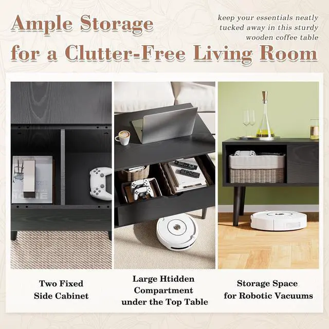 Alt view image 7 of 7 - OLIXIS Wood Lift Top Coffee Table with Hidden Compartment and Large Storage Shelf, Lift Tabletop Dining Center Table for Home Living Room Office, Black