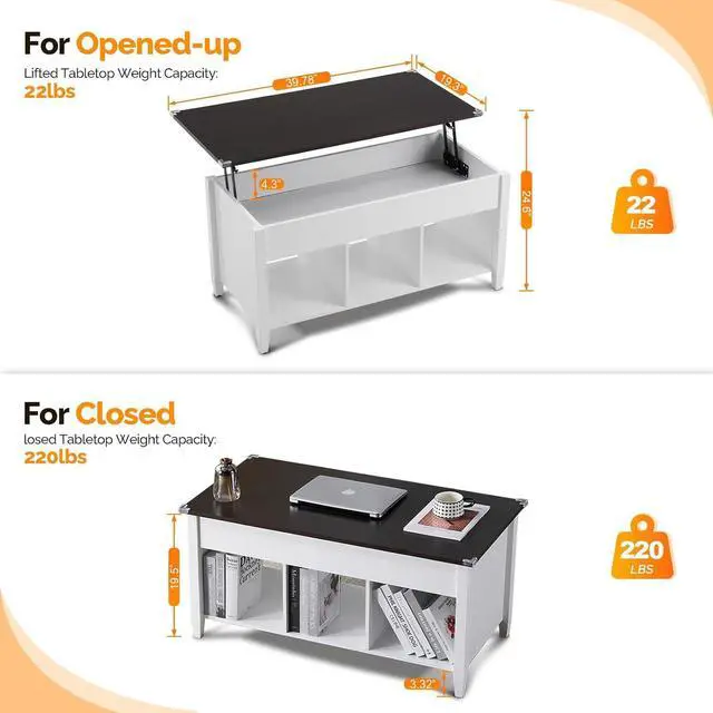 Alt view image 2 of 7 - VINGLI Lift Top Coffee Table, White, with Storage Shelf/Hidden Compartment, Gas Lifting Mesa De Centro para Sala Pop Up Coffe Table