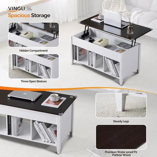 Alt view image 4 of 7 - VINGLI Lift Top Coffee Table, White, with Storage Shelf/Hidden Compartment, Gas Lifting Mesa De Centro para Sala Pop Up Coffe Table