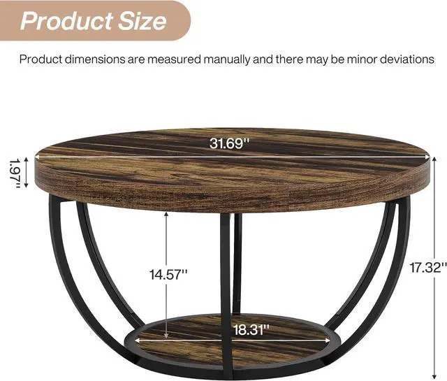 Alt view image 2 of 7 - Tribesigns Round Coffee Table, 31.7" Wooden 2-Tier Circle Coffee Table with Storage Shelves, Modern Accent Cocktail Table Center Table for Living Room, Rustic Brown
