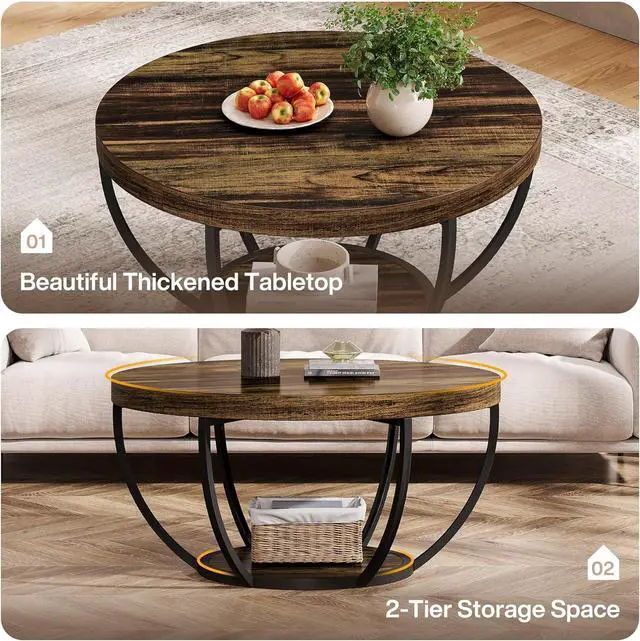 Alt view image 3 of 7 - Tribesigns Round Coffee Table, 31.7" Wooden 2-Tier Circle Coffee Table with Storage Shelves, Modern Accent Cocktail Table Center Table for Living Room, Rustic Brown