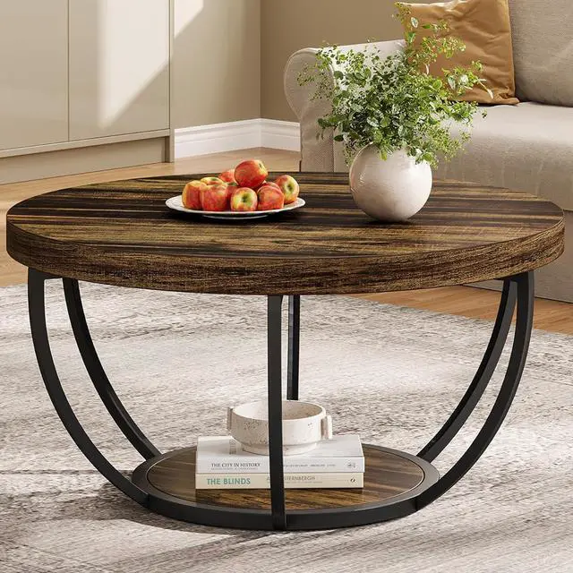 Main image of Tribesigns Round Coffee Table, 31.7" Wooden 2-Tier Circle Coffee Table with Storage Shelves, Modern Accent Cocktail Table Center Table for Living Room, Rustic Brown