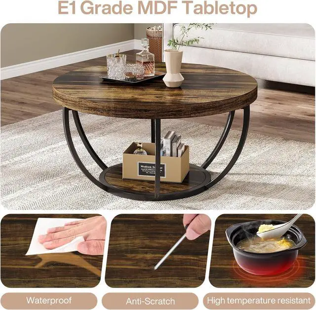 Alt view image 4 of 7 - Tribesigns Round Coffee Table, 31.7" Wooden 2-Tier Circle Coffee Table with Storage Shelves, Modern Accent Cocktail Table Center Table for Living Room, Rustic Brown