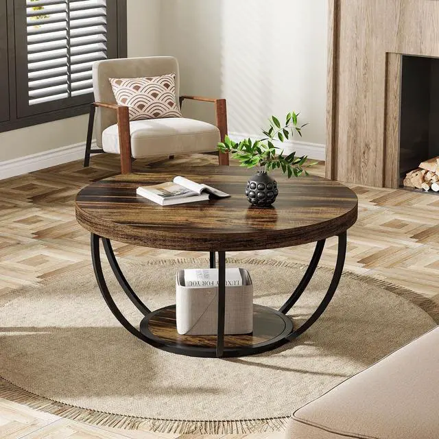 Alt view image 5 of 7 - Tribesigns Round Coffee Table, 31.7" Wooden 2-Tier Circle Coffee Table with Storage Shelves, Modern Accent Cocktail Table Center Table for Living Room, Rustic Brown