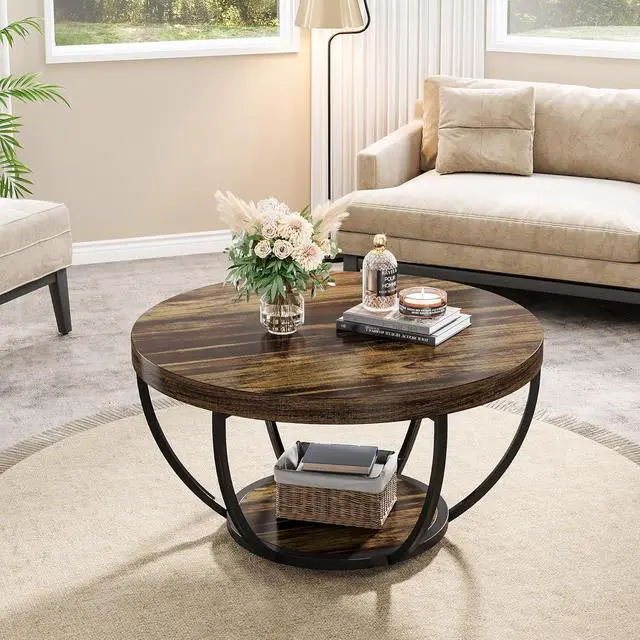 Alt view image 6 of 7 - Tribesigns Round Coffee Table, 31.7" Wooden 2-Tier Circle Coffee Table with Storage Shelves, Modern Accent Cocktail Table Center Table for Living Room, Rustic Brown