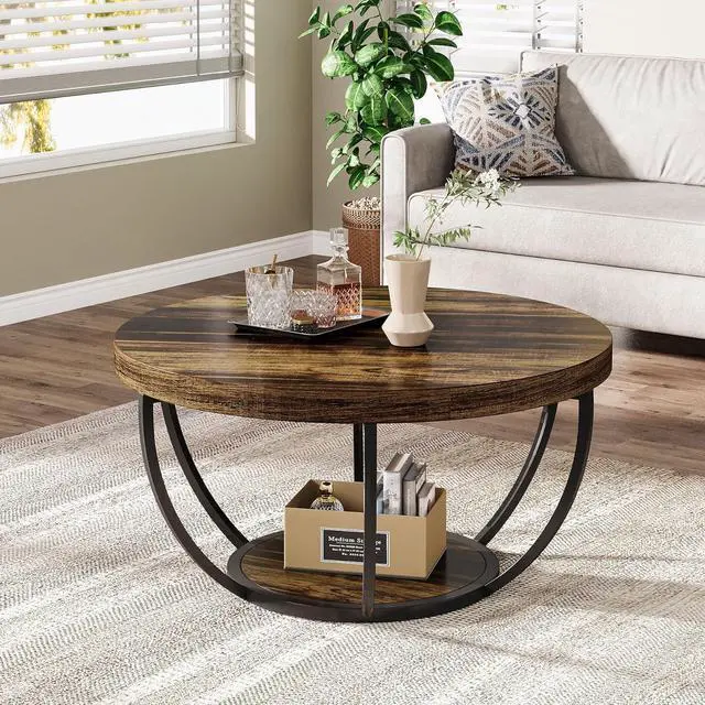 Alt view image 7 of 7 - Tribesigns Round Coffee Table, 31.7" Wooden 2-Tier Circle Coffee Table with Storage Shelves, Modern Accent Cocktail Table Center Table for Living Room, Rustic Brown