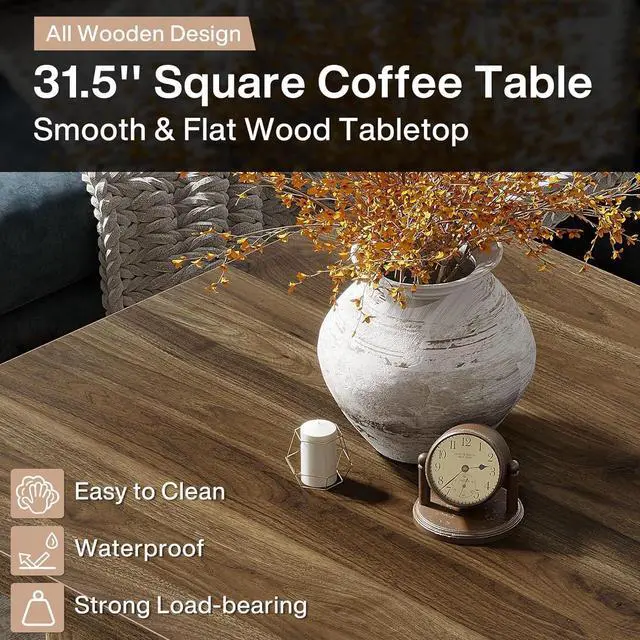 Alt view image 6 of 7 - Tribesigns Square Coffee Table, 31.5-Inch Engineered Wood Coffee Table for Living Room, Vintage Center Table, Large Mid-Century Modern Cocktail Table, Brown