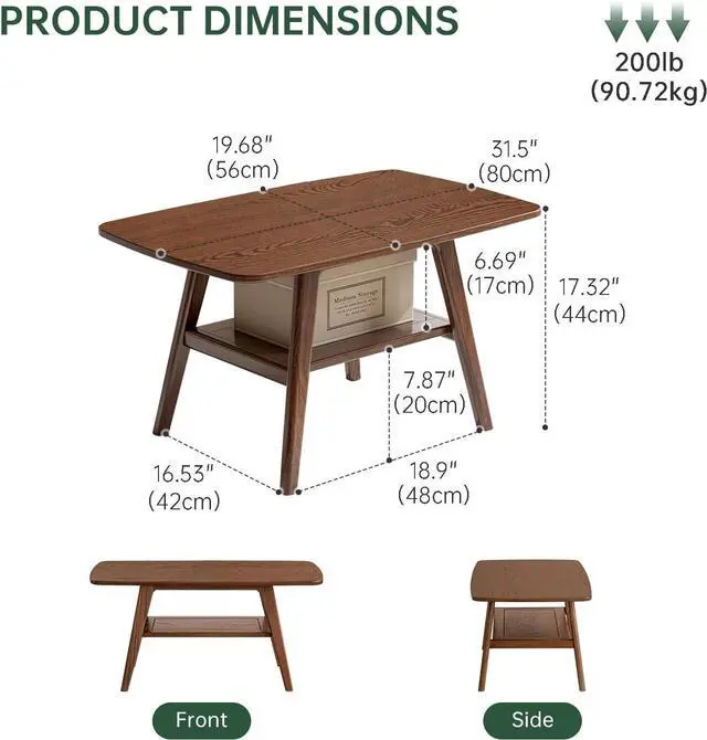 Alt view image 2 of 7 - 100% Solid Wood Coffee Table for Living Room, 31.5" Small Tables with Shelf Storage, Mid Century Modern Storage Coffee Table with Rounded Corners (Oak Wood Walnut Color)