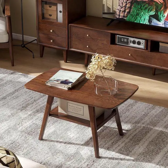 Main image of 100% Solid Wood Coffee Table for Living Room, 31.5" Small Tables with Shelf Storage, Mid Century Modern Storage Coffee Table with Rounded Corners (Oak Wood Walnut Color)