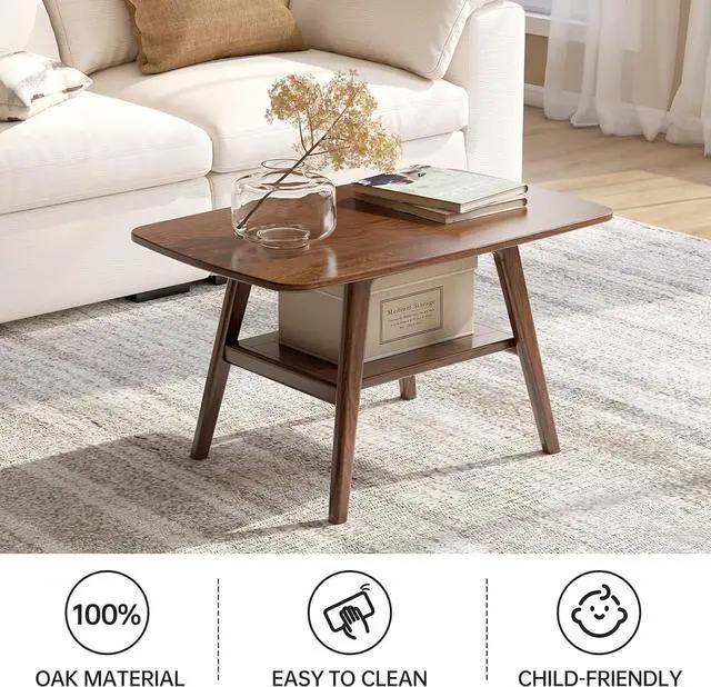 Alt view image 3 of 7 - 100% Solid Wood Coffee Table for Living Room, 31.5" Small Tables with Shelf Storage, Mid Century Modern Storage Coffee Table with Rounded Corners (Oak Wood Walnut Color)