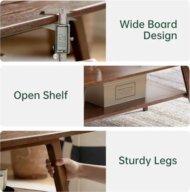 Alt view image 4 of 7 - 100% Solid Wood Coffee Table for Living Room, 31.5" Small Tables with Shelf Storage, Mid Century Modern Storage Coffee Table with Rounded Corners (Oak Wood Walnut Color)