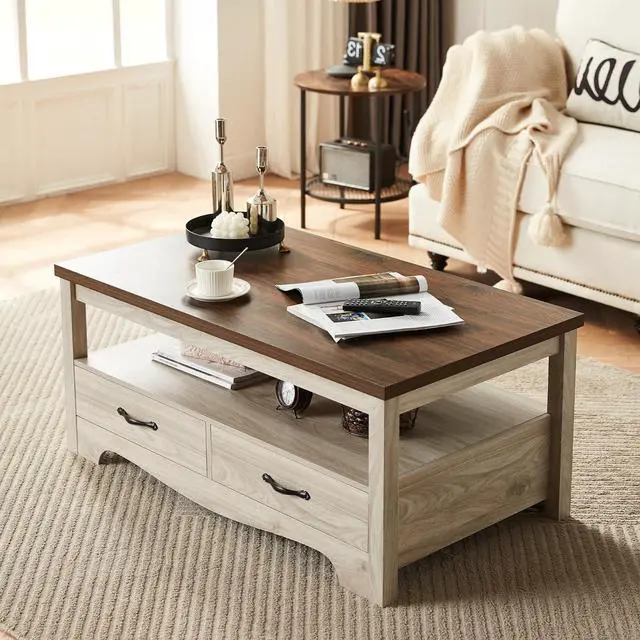 Alt view image 2 of 7 - LINSY HOME Farmhouse Coffee Table with Storage, Wood Coffee Table for Living Room, Open Display Area and Storage Drawers with Metal Handles, Chic Style with Curved Base. Oak and Brown