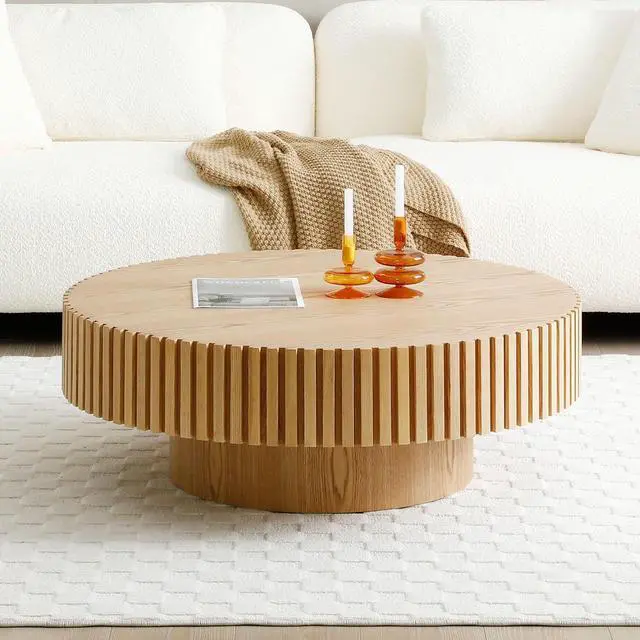 Alt view image 3 of 7 - Round Coffee Table for Living Room Contemporary Wood Circle Fluted Coffee Table for Apartment, Easy Assembly ø31.49'', Wood Oak
