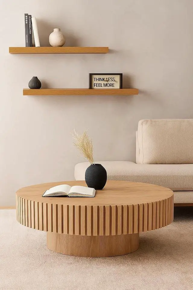 Alt view image 6 of 7 - Round Coffee Table for Living Room Contemporary Wood Circle Fluted Coffee Table for Apartment, Easy Assembly ø31.49'', Wood Oak