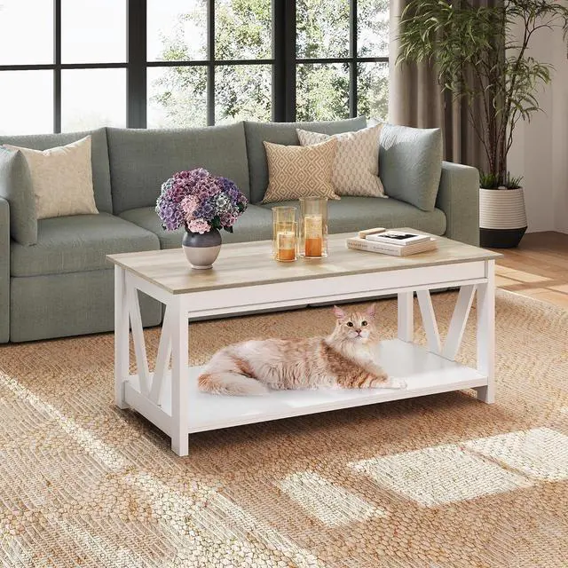 Alt view image 2 of 7 - WLIVE Coffee Table, 43" Farmhouse Coffee Table with Storage Shelf & Sturdy V-Shaped Support, Wood Center Table for Living Room, Bedroom, Office and Balcony, White