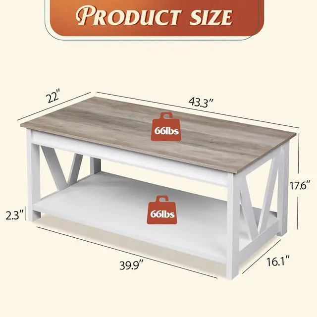 Alt view image 3 of 7 - WLIVE Coffee Table, 43" Farmhouse Coffee Table with Storage Shelf & Sturdy V-Shaped Support, Wood Center Table for Living Room, Bedroom, Office and Balcony, White