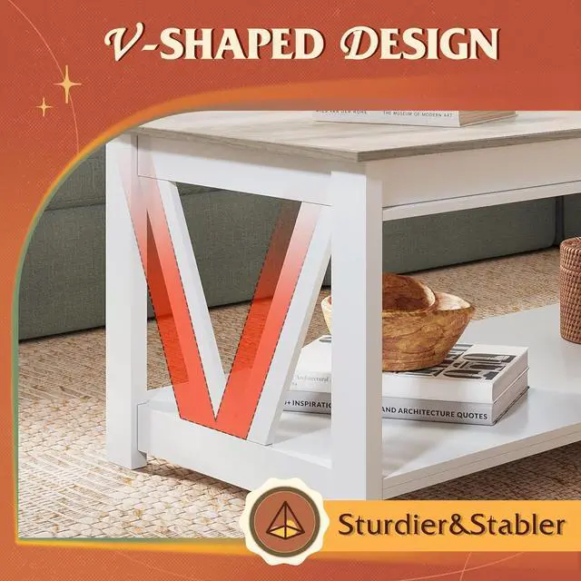Alt view image 5 of 7 - WLIVE Coffee Table, 43" Farmhouse Coffee Table with Storage Shelf & Sturdy V-Shaped Support, Wood Center Table for Living Room, Bedroom, Office and Balcony, White