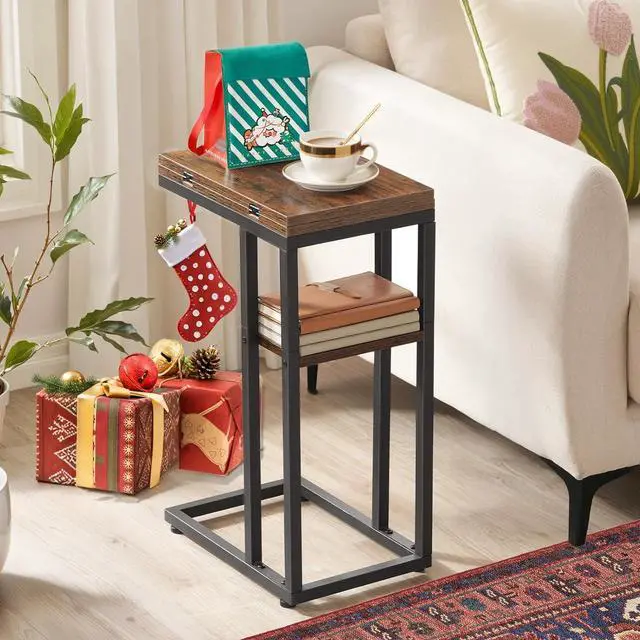 Alt view image 4 of 7 - HOOBRO Foldable End Table, C Shaped Side Table with Storage Shelf, Small Snack Table Suitable for Living Room Bedroom Small Spaces, Easy Assembly, Rustic Brown BF29SF01
