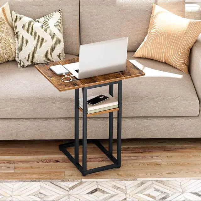 Alt view image 5 of 7 - HOOBRO Foldable End Table, C Shaped Side Table with Storage Shelf, Small Snack Table Suitable for Living Room Bedroom Small Spaces, Easy Assembly, Rustic Brown BF29SF01