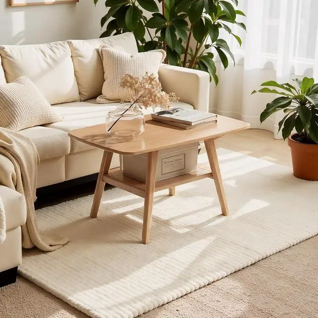 Main image of Small Coffee Table for Living Room, 2-Tier Mid Century Modern Small Tables with Shelf Storage, Storage Coffee Table with Rounded Corners (Solid Oak Wood Log Color, 31.5'' L)