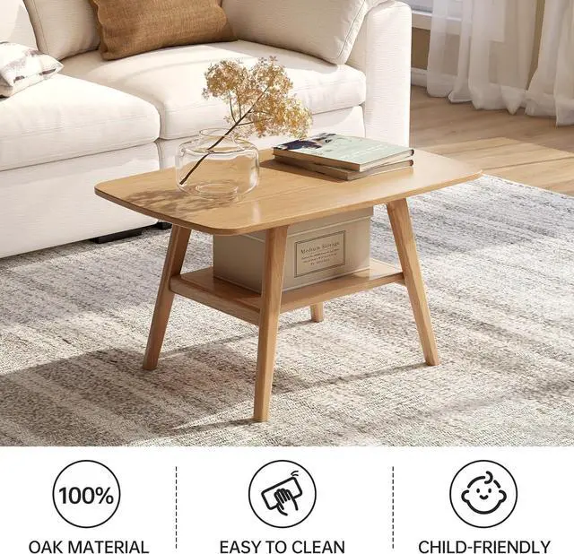 Alt view image 3 of 7 - Small Coffee Table for Living Room, 2-Tier Mid Century Modern Small Tables with Shelf Storage, Storage Coffee Table with Rounded Corners (Solid Oak Wood Log Color, 31.5'' L)