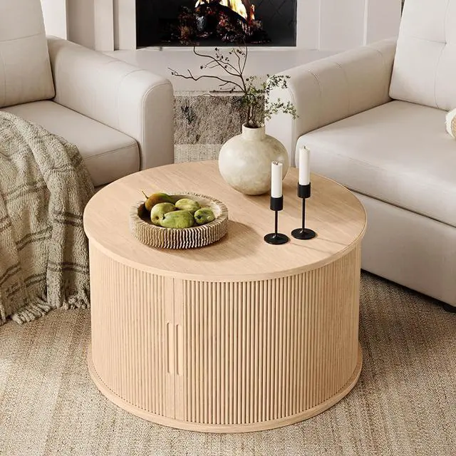 Alt view image 4 of 7 - LINSY HOME Round Coffee Table, 31.5" Drum Coffee Table with Sliding Tambour Door, Fluted Accent Center Table with Storage, Mid Century Modern Coffee Table for Living Room, Oak