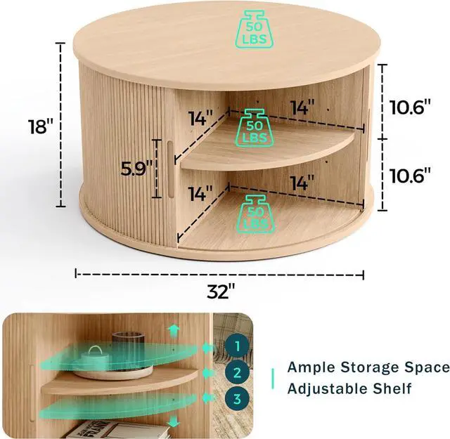 Alt view image 3 of 7 - LINSY HOME Round Coffee Table, 31.5" Drum Coffee Table with Sliding Tambour Door, Fluted Accent Center Table with Storage, Mid Century Modern Coffee Table for Living Room, Oak