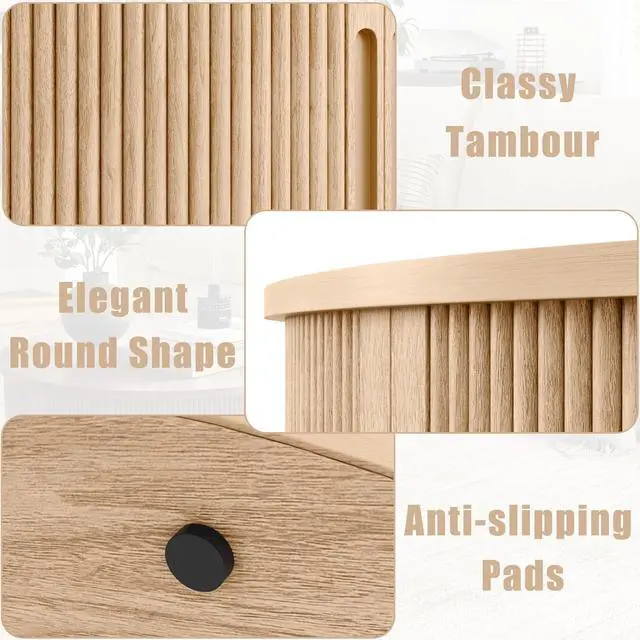 Alt view image 6 of 7 - LINSY HOME Round Coffee Table, 31.5" Drum Coffee Table with Sliding Tambour Door, Fluted Accent Center Table with Storage, Mid Century Modern Coffee Table for Living Room, Oak