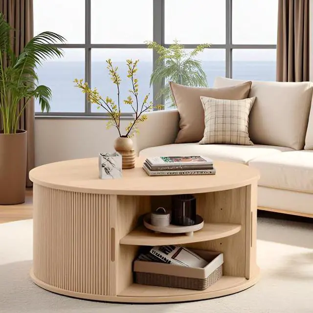 Alt view image 7 of 7 - LINSY HOME Round Coffee Table, 31.5" Drum Coffee Table with Sliding Tambour Door, Fluted Accent Center Table with Storage, Mid Century Modern Coffee Table for Living Room, Oak