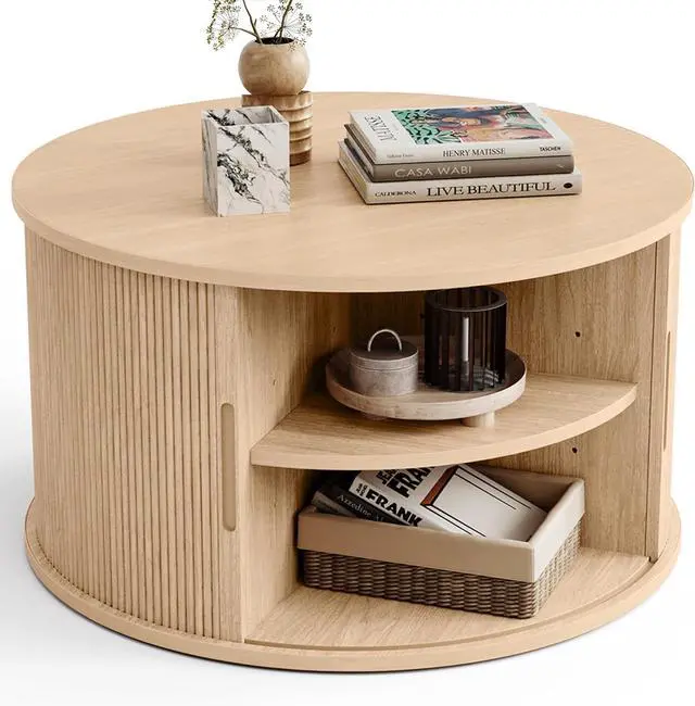 Main image of LINSY HOME Round Coffee Table, 31.5" Drum Coffee Table with Sliding Tambour Door, Fluted Accent Center Table with Storage, Mid Century Modern Coffee Table for Living Room, Oak