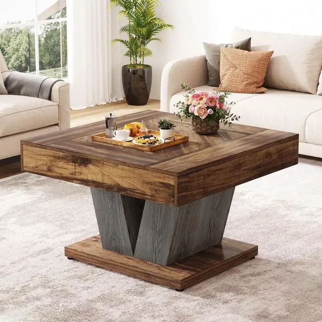 Main image of Tribesigns Square Coffee Table, Wood Center Table for Living Room, 31.5" Modern Cocktail Tea Accent Table, Rustic Brown & Black