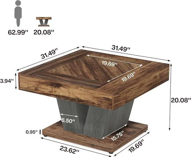 Alt view image 2 of 7 - Tribesigns Square Coffee Table, Wood Center Table for Living Room, 31.5" Modern Cocktail Tea Accent Table, Rustic Brown & Black