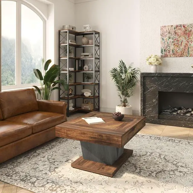 Alt view image 3 of 7 - Tribesigns Square Coffee Table, Wood Center Table for Living Room, 31.5" Modern Cocktail Tea Accent Table, Rustic Brown & Black