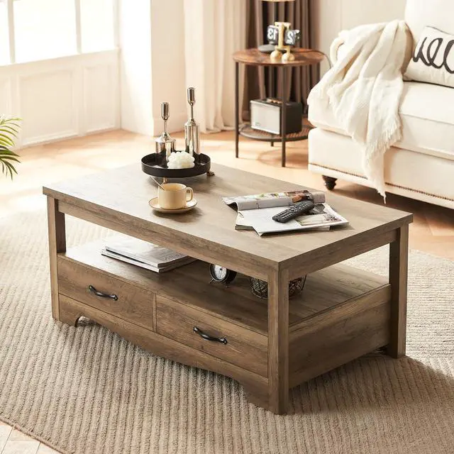 Alt view image 2 of 7 - LINSY HOME Farmhouse Coffee Table with Storage, Wood Coffee Table for Living Room, Open Display Area and Storage Drawers with Metal Handles, Chic Style with Curved Base, Brown