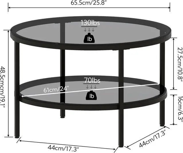 Alt view image 2 of 7 - Yusong Round Glass Coffee Tables for Living Room, 2-Tier Circle Coffee Table with Storage, 26" Modern Center Accent Table with Light Black Glass, Small End Table for Small Space, Bedroom