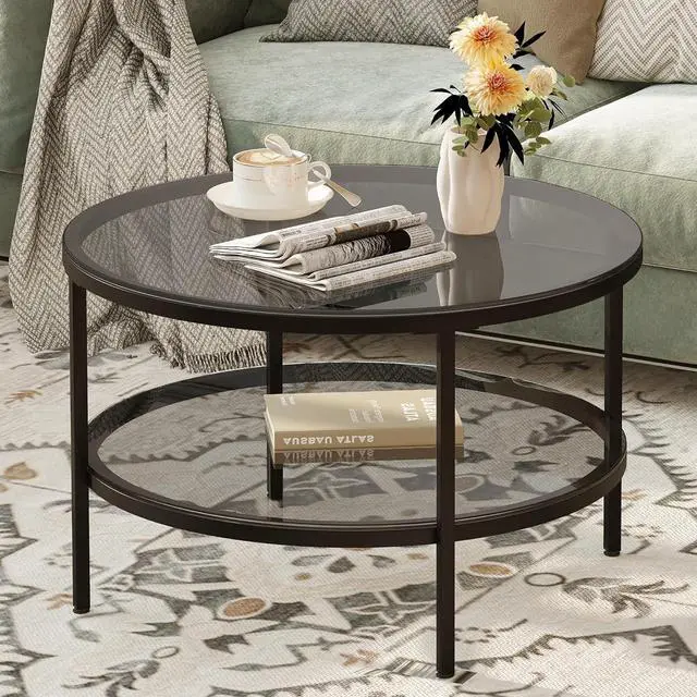 Main image of Yusong Round Glass Coffee Tables for Living Room, 2-Tier Circle Coffee Table with Storage, 26" Modern Center Accent Table with Light Black Glass, Small End Table for Small Space, Bedroom