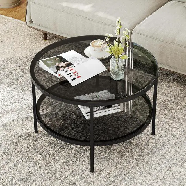 Alt view image 3 of 7 - Yusong Round Glass Coffee Tables for Living Room, 2-Tier Circle Coffee Table with Storage, 26" Modern Center Accent Table with Light Black Glass, Small End Table for Small Space, Bedroom