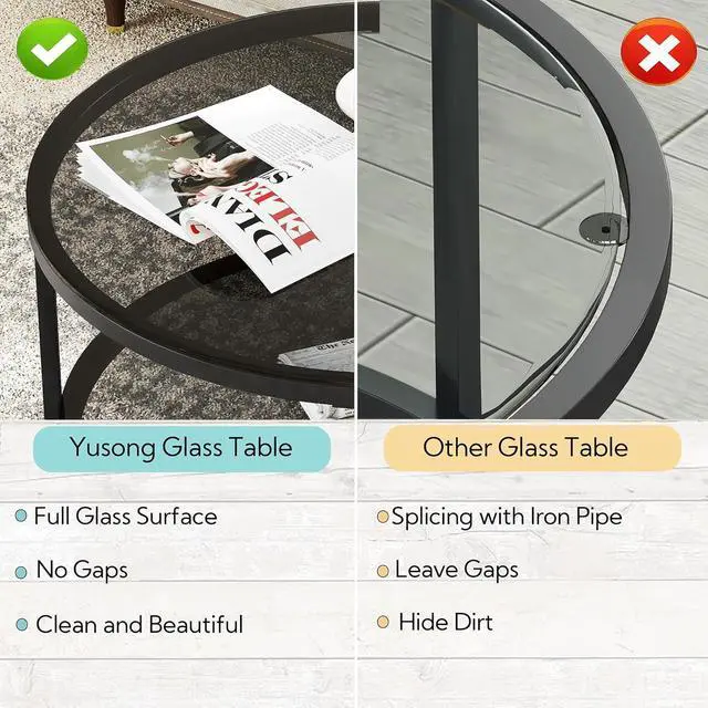 Alt view image 5 of 7 - Yusong Round Glass Coffee Tables for Living Room, 2-Tier Circle Coffee Table with Storage, 26" Modern Center Accent Table with Light Black Glass, Small End Table for Small Space, Bedroom