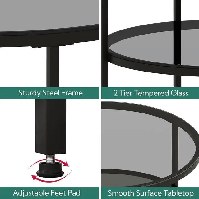 Alt view image 6 of 7 - Yusong Round Glass Coffee Tables for Living Room, 2-Tier Circle Coffee Table with Storage, 26" Modern Center Accent Table with Light Black Glass, Small End Table for Small Space, Bedroom
