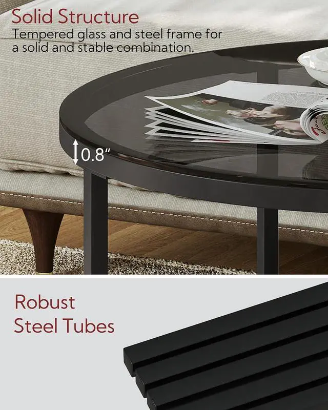 Alt view image 7 of 7 - Yusong Round Glass Coffee Tables for Living Room, 2-Tier Circle Coffee Table with Storage, 26" Modern Center Accent Table with Light Black Glass, Small End Table for Small Space, Bedroom