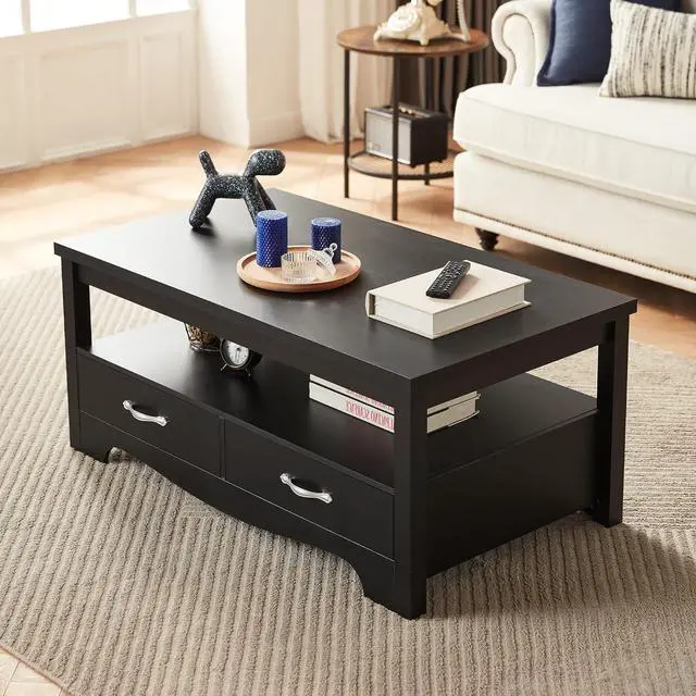 Alt view image 2 of 7 - LINSY HOME Farmhouse Coffee Table with Storage, Wood Coffee Table for Living Room, Open Display Area and Storage Drawers with Metal Handles, Chic Style with Curved Base, Black